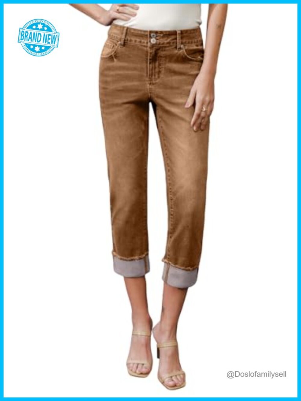 High Waisted Skinny Capri Cropped Jeans Frayed Hem Stretch Cotton Blend